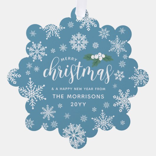 Blauw Wit Holly Sneeuwvlokken Vrolijk Kerstmis Fot Ornament Kaart (Voorkant)