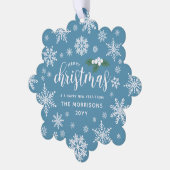 Blauw Wit Holly Sneeuwvlokken Vrolijk Kerstmis Fot Ornament Kaart (Links)