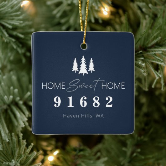 Blauw Wit Home Sweet Home Foto Postcode Keramisch Ornament (Boom)