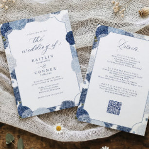 Blauw & Wit Hortensia Bruiloft Vintage Alles in Eé Kaart
