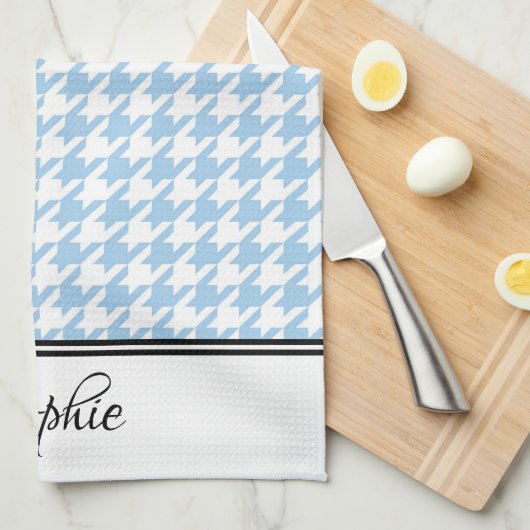 Blauw & Wit Houndstooth Gepersonaliseerd Theedoek (Quarter Fold)