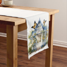 BLAUW WIT HUISJE MET GELE VLINDERS LANGE TAFELLOPER