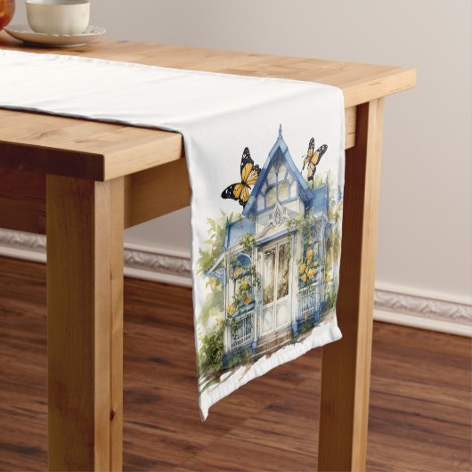 BLAUW WIT HUISJE MET GELE VLINDERS LANGE TAFELLOPER (Voorbeeld)