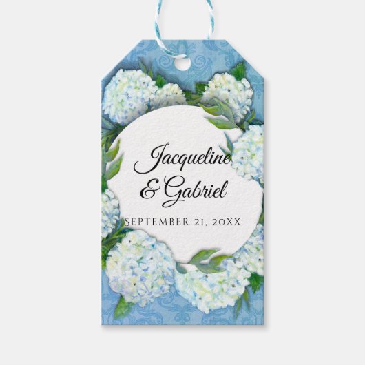 Blauw Wit Hydrangea Bloemen Elegante Damast Bruilo Cadeaulabel (Voorkant)