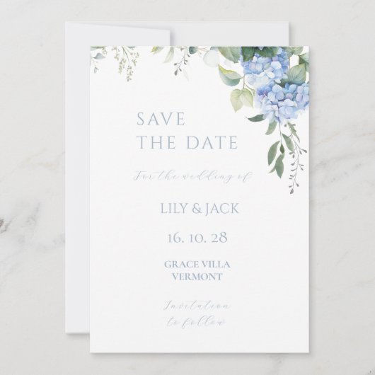 Blauw & Wit Hydrangea Bruiloft Save The Date Kaart (Voorkant)