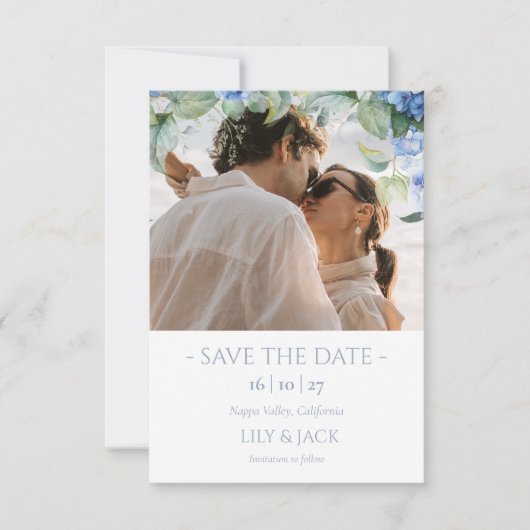 Blauw & Wit Hydrangea Foto sparen de datum Kaart (Voorkant)