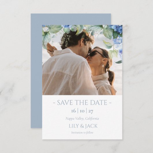 Blauw & Wit Hydrangea Foto sparen de datum Kaart (Voorkant / Achterkant)