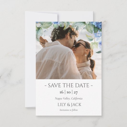 Blauw & Wit Hydrangea Foto sparen de datum Kaart (Voorkant)