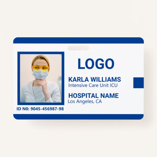 Blauw Wit ICU Verpleegkundige ID Foto Badge (Voorkant)