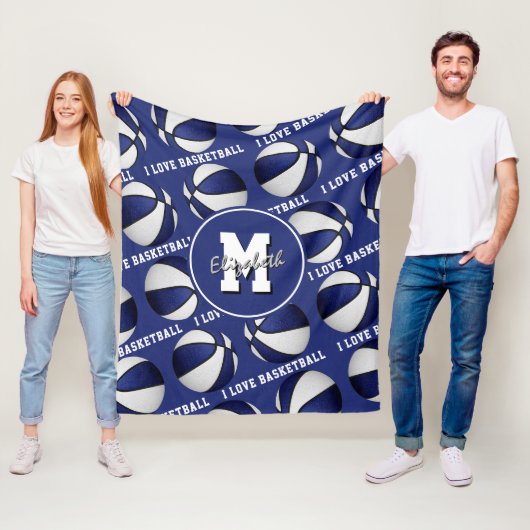 blauw wit Ik hou van basketbalteamkleuren Fleece B Deken (In situ)
