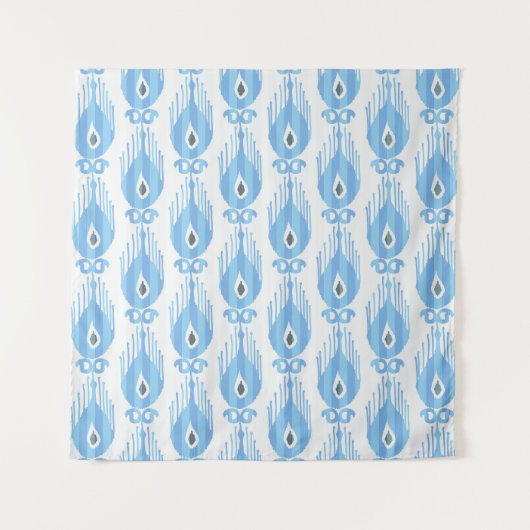 Blauw Wit Ikat Patroon Ontwerp Wandkleed (Voorkant)