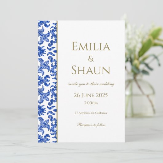 Blauw-wit Italiaanse bruiloft uitnodiging (Staand voorkant)