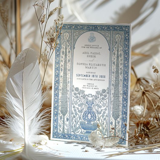 Blauw Wit Iznik Tegel geïnspireerd Moslim Bruiloft Kaart