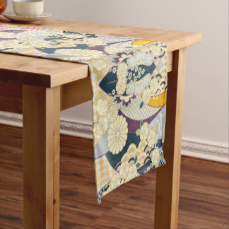 Blauw Wit Japans Kimono Bloemen Katoen Dineren Korte Tafelloper