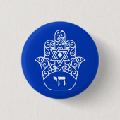 Blauw-wit Joodse Chai Hamsa Ster van David Ronde Button 3,2 Cm (Voorkant)