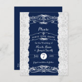 Blauw & Wit Kant Elegant Bruiloft Save the Date Aankondigingskaart (Voorkant / Achterkant)