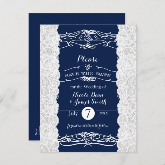 Blauw & Wit Kant Elegant Bruiloft Save the Date Aankondigingskaart (Voorkant / Achterkant)