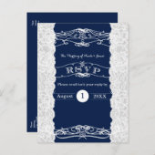 Blauw & Wit Kant Elegante Bruiloft RSVP Kaart (Voorkant / Achterkant)