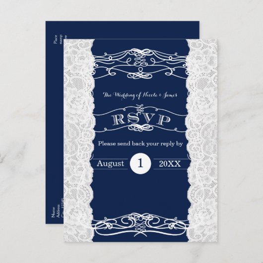 Blauw & Wit Kant Elegante Bruiloft RSVP Kaart (Voorkant / Achterkant)
