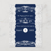 Blauw & Wit Kant Elegante Bruiloft RSVP Kaart (Voorkant)
