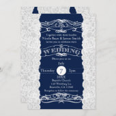 Blauw & Wit Kant Elegante Bruiloft Uitnodigingen (Voorkant / Achterkant)