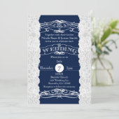 Blauw & Wit Kant Elegante Trouw Uitnodigingen (Staand voorkant)