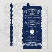 Blauw & Wit Kant Elegante Trouw Uitnodigingen (Voorkant / Achterkant)