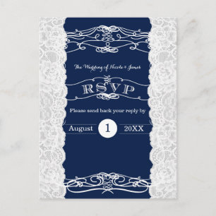 Blauw & Wit Kanten Elegante Trouw RSVP Kaart