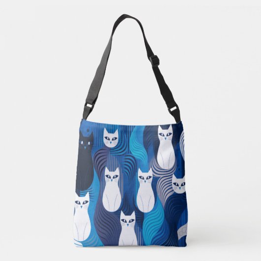 Blauw wit kattenpatroon crossbody tas (Achterkant)
