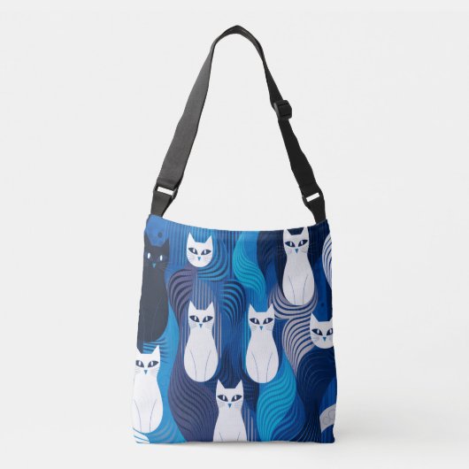 Blauw wit kattenpatroon crossbody tas (Voorkant)