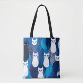Blauw wit kattenpatroon tote bag (Voorkant)