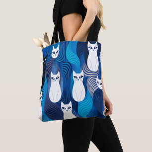 Blauw wit kattenpatroon tote bag