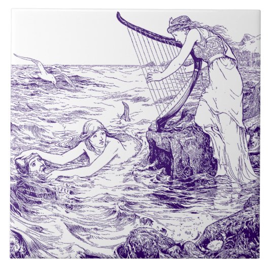 Blauw & Wit Keltische Harp & Zeemeermin Tegeltje (Voorkant)