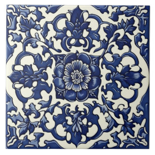 Blauw & Wit Keramisch Tegeltje, Roos, Chinese Stij Tegeltje