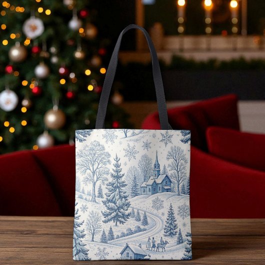 Blauw-wit Kerst Kerk Winter Scene Toile Tote Bag