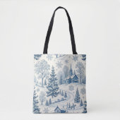 Blauw-wit Kerst Kerk Winter Scene Toile Tote Bag (Voorkant)