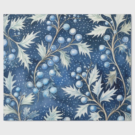 Blauw & Wit Kerst Pointsettia Bladeren Cadeaupapier (Vlak)