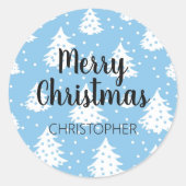 Blauw Wit Kerstboom Patroon Ronde Sticker (Voorkant)