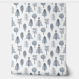 Blauw & wit Kerstboom patroon Wallpaper Behang
