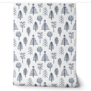 Blauw & wit Kerstboom patroon Wallpaper Behang
