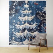 Blauw Wit Kerstboom Vakantie Achtergrond Wandkleed (In situ)