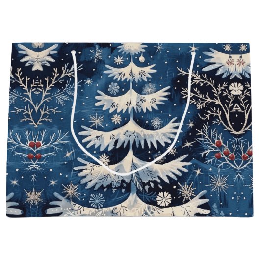 Blauw Wit Kerstboom Vakantie Gift Bag Groot Cadeauzakje (Voorkant)