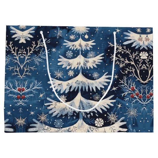 Blauw Wit Kerstboom Vakantie Gift Bag Groot Cadeauzakje (Achterkant)