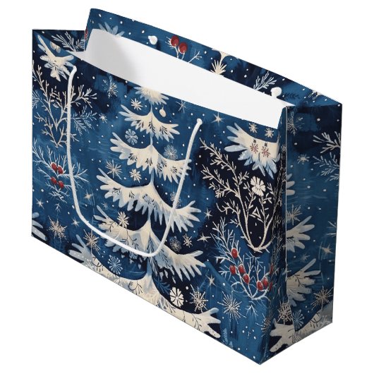 Blauw Wit Kerstboom Vakantie Gift Bag Groot Cadeauzakje (Voorkant Gekanteld)