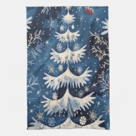 Blauw Wit Kerstboom Vakantie Keuken Handdoek