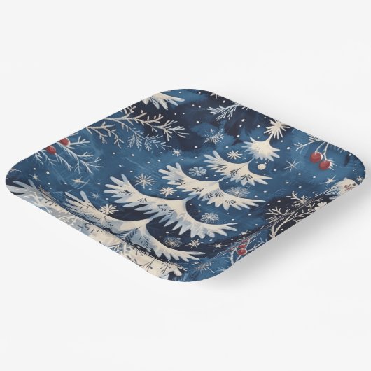 Blauw Wit Kerstboom Vakantiepapier Bord (Gebogen)
