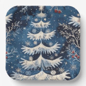 Blauw Wit Kerstboom Vakantiepapier Bord (Voorkant)