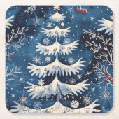 Blauw Wit Kerstboom Vakantiepapier Onderzetter (Voorkant)