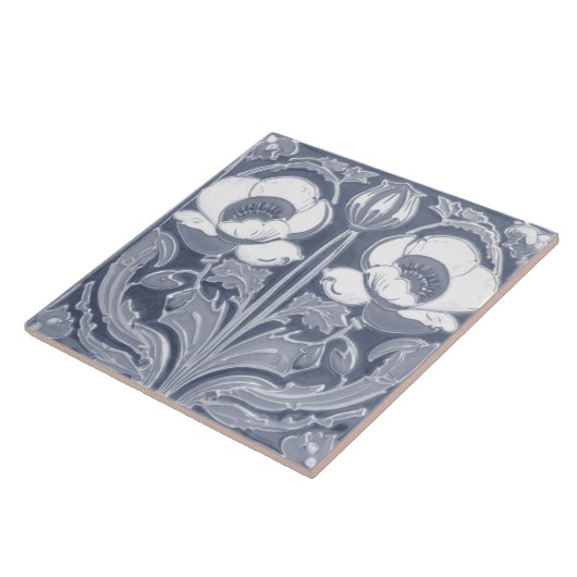 Blauw & Wit Klaproos Bloem Deco Nouveau Folk Art Tegeltje (Zijkant)