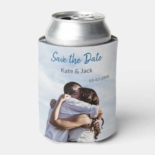 BLAUW WIT KLASSIEKE SCAN QR SAVE THE DATE BLIKJESKOELER (Blikje Voorkant)